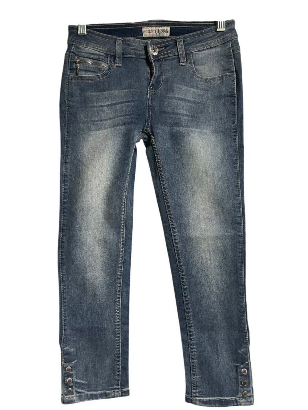 Guess Womens Blue Mid-Rise Cropped Skinny Jeans Size 25 Button Hem Stretch Denim